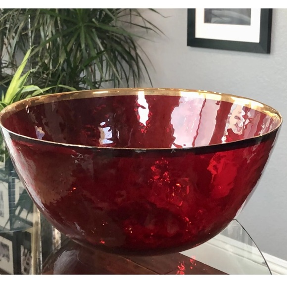 Huge NWT 10 Strawberry St. Red Textured Glass Oversized Serving Bowl w/Gold Trim - Picture 1 of 9